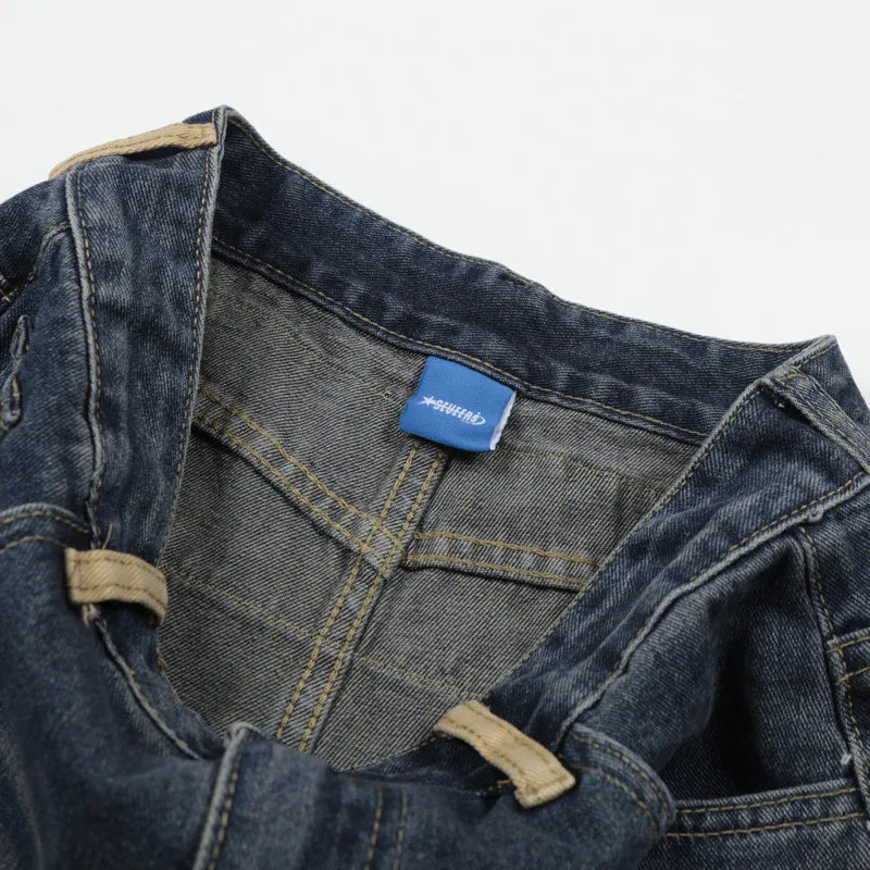 Blue Y2K Embroidered Patchwork Baggy Barrel
