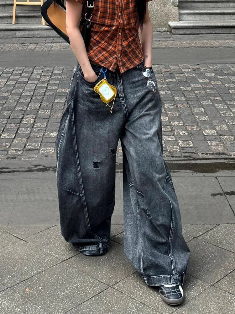 Dark Y2K High Waisted Baggy Barrel Jeans