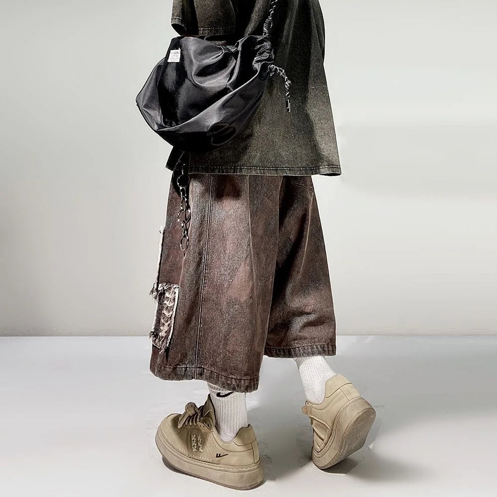 Distressed Wide Leg Y2K Dirty Grunge Baggy Denim Shorts Jorts