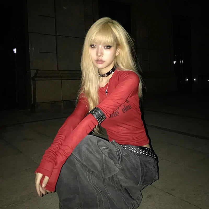 Grunge Y2K Aesthetic Letter Graphic Print Long Sleeve Top