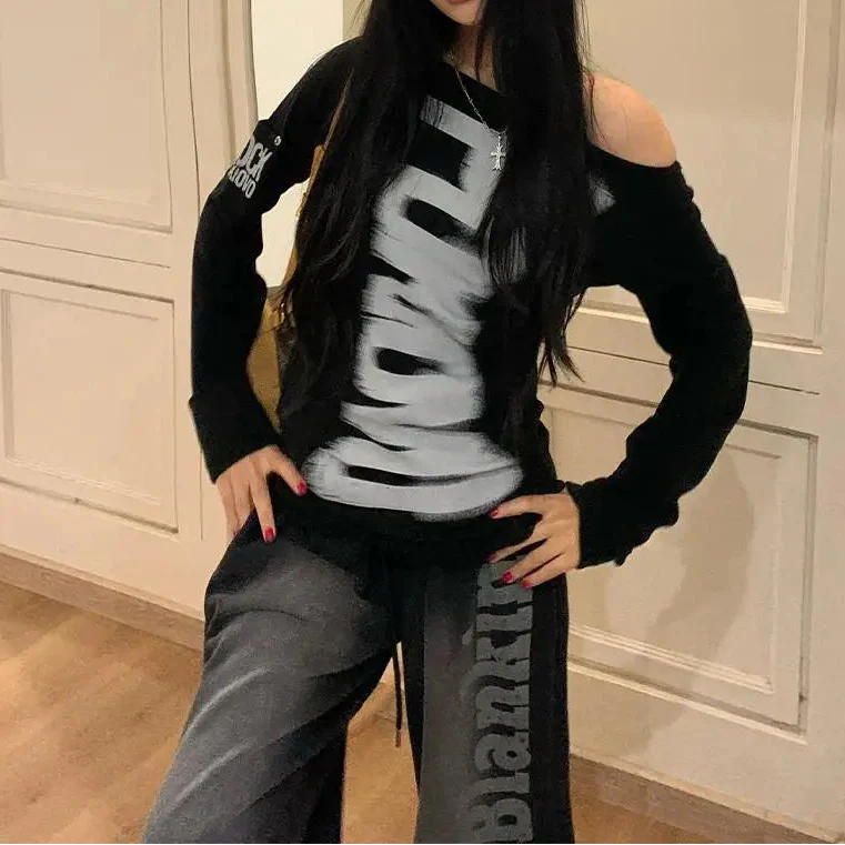 Grunge Y2K Graphic Long Sleeve Button Top