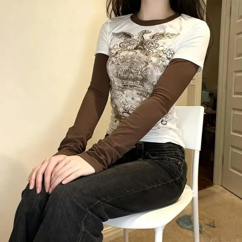 Grunge Y2K Retro Graphic Mock Long Sleeve Top