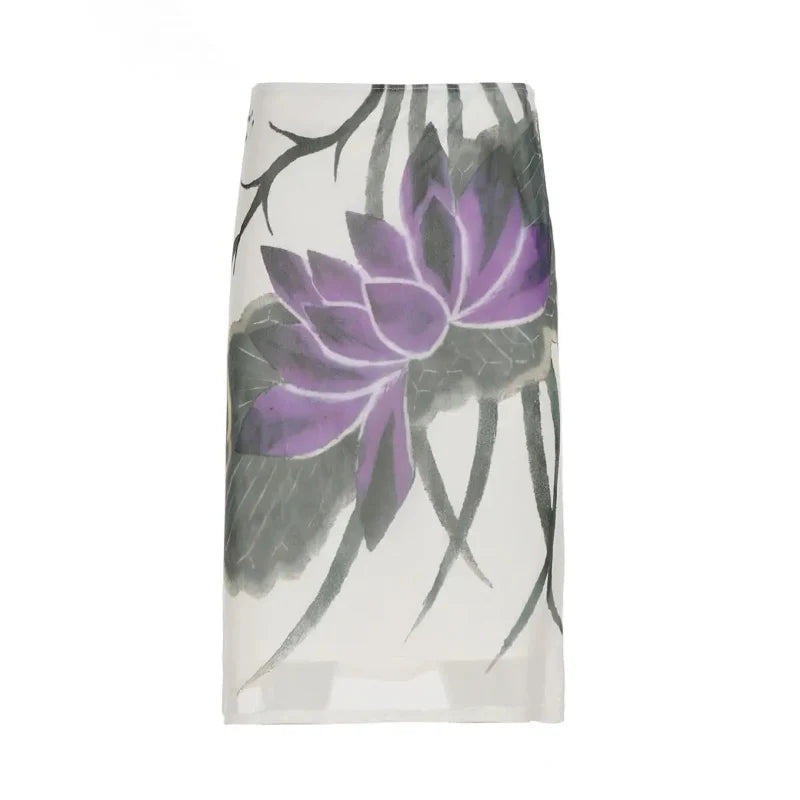 High Waist Y2K Mesh Lotus Print Midi Skirt