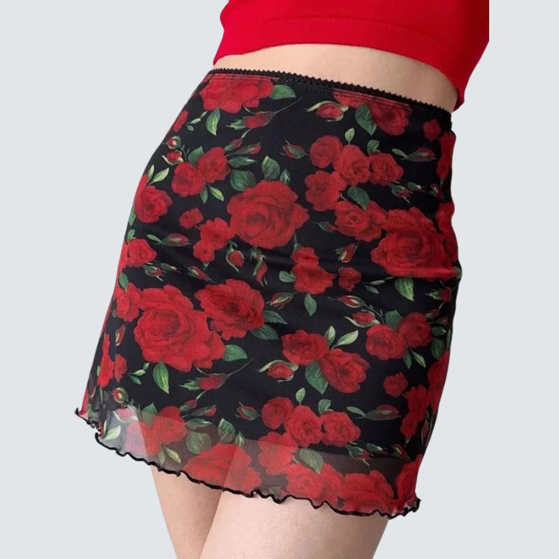 High Waist Y2K Mesh Rose Print Mini Skirt