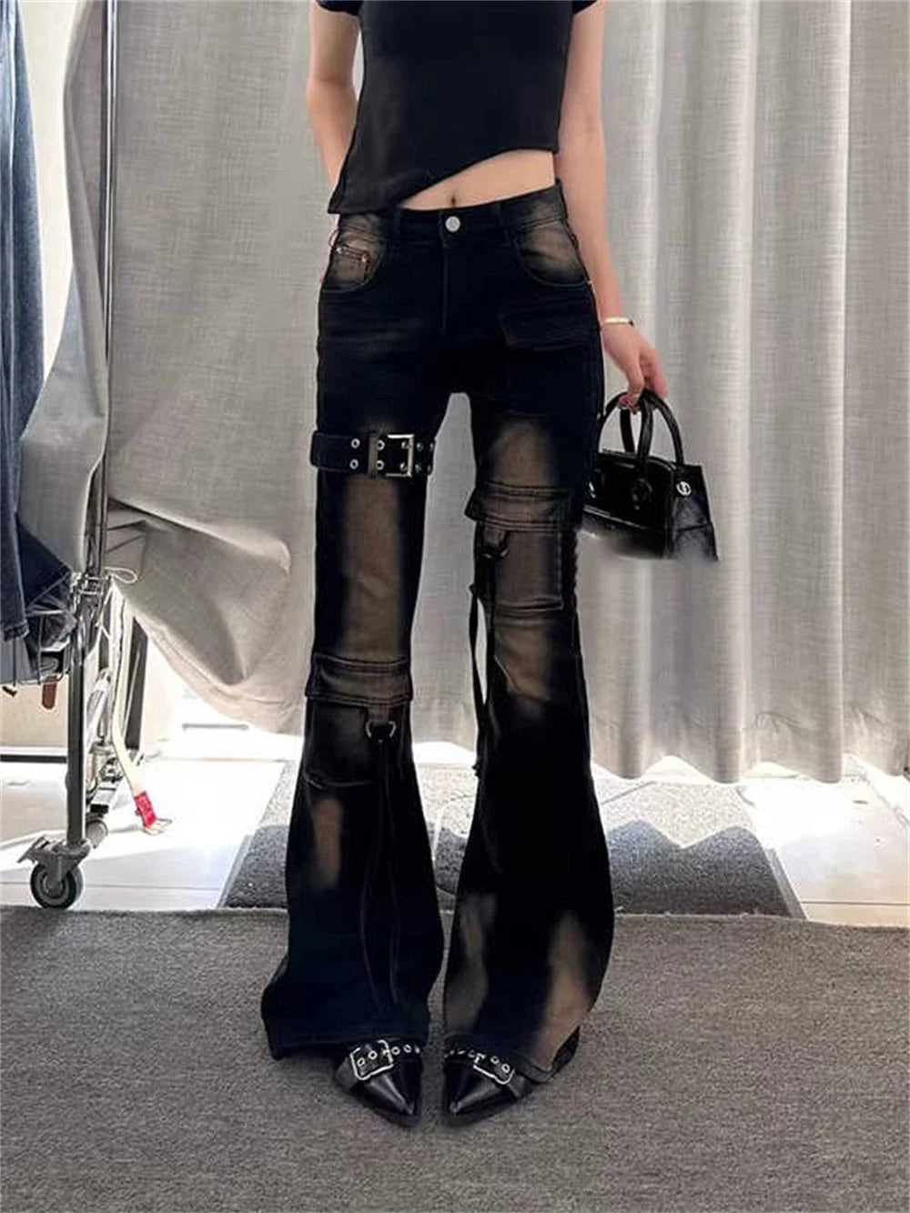 High Waist Y2K Washed Cargo Flared Jeans