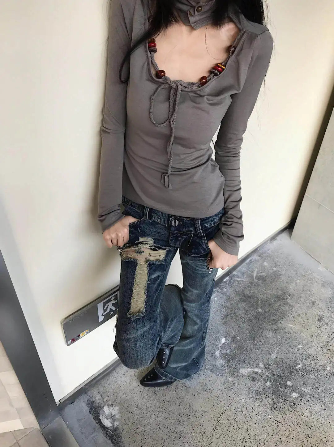 Japanese Y2K Distressed Cross Skinny Flared Jeans