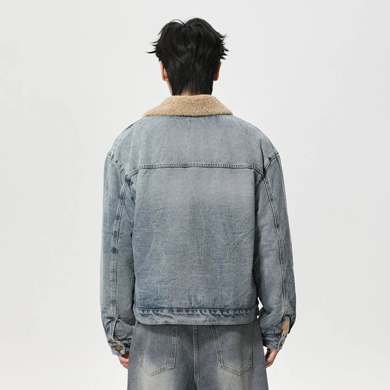 Mens Y2K Faux Wool Collar Washed Denim Jacket