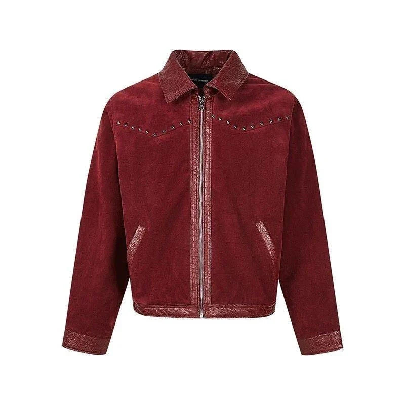 Mens Y2K Turn Down Collar Patchwork Rivet Faux Leather Jacket