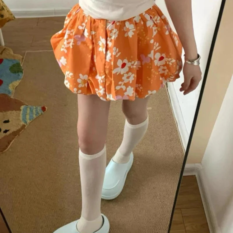 Orange Y2K High Waist Puffy Floral Mini Skirt
