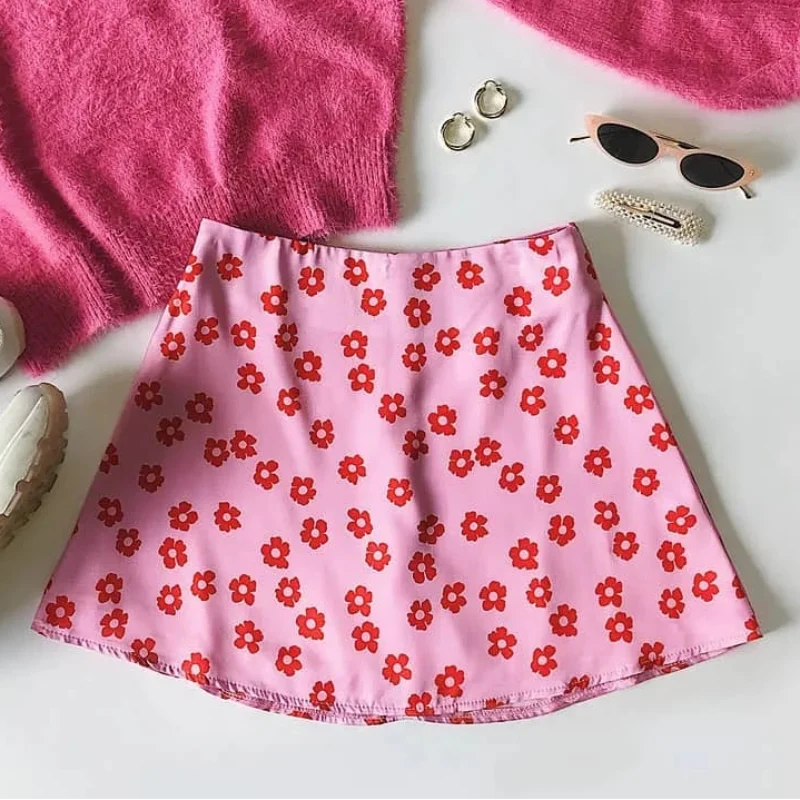 Pink Y2K High Waist Floral Mini Skirt
