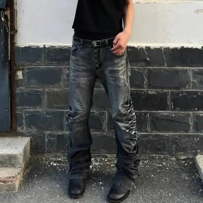 Pleated Y2K Mens Washed Denim Flared Jeans
