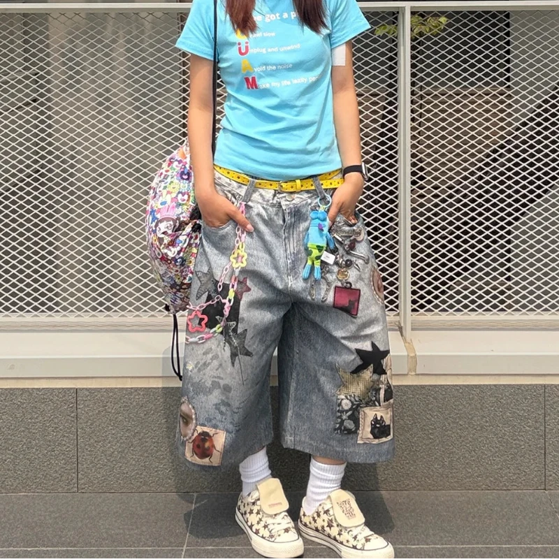 Print Y2K Persi Patchwork Washed Wide Leg Denim Shorts Jorts