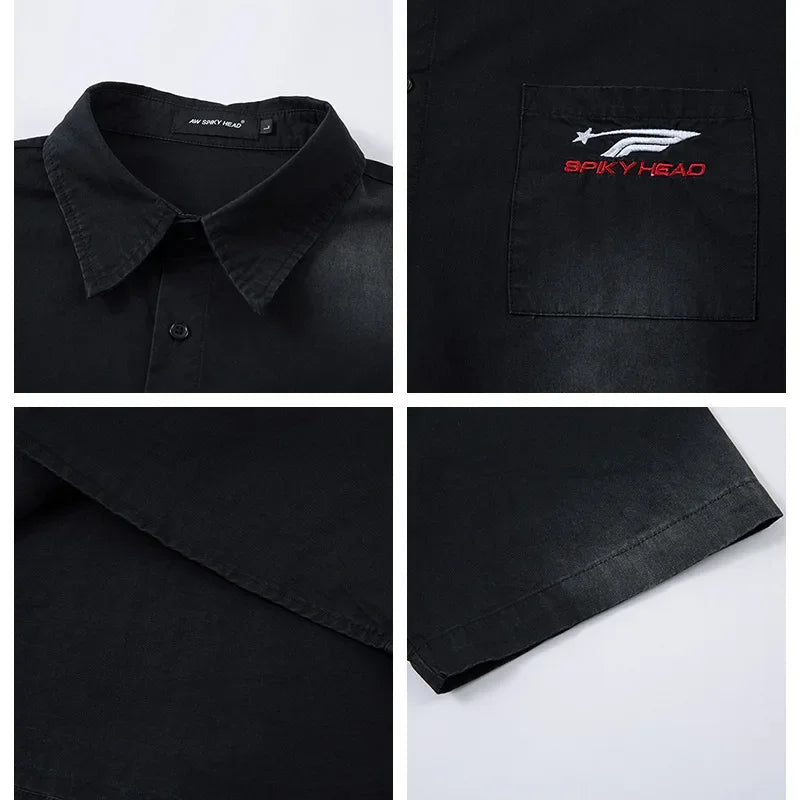 Retro American Embroidered Short Sleeve Work Shirt
