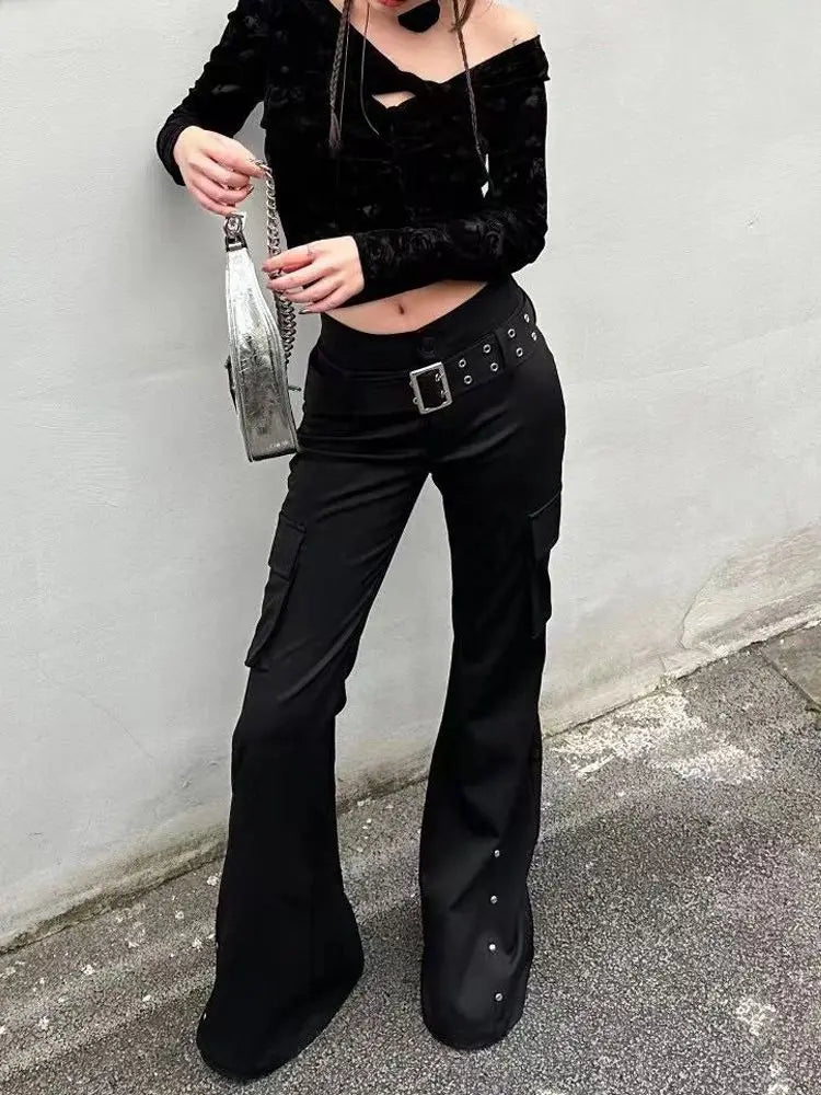 Retro Grunge Y2K Rivet Design Belt Flared Jeans