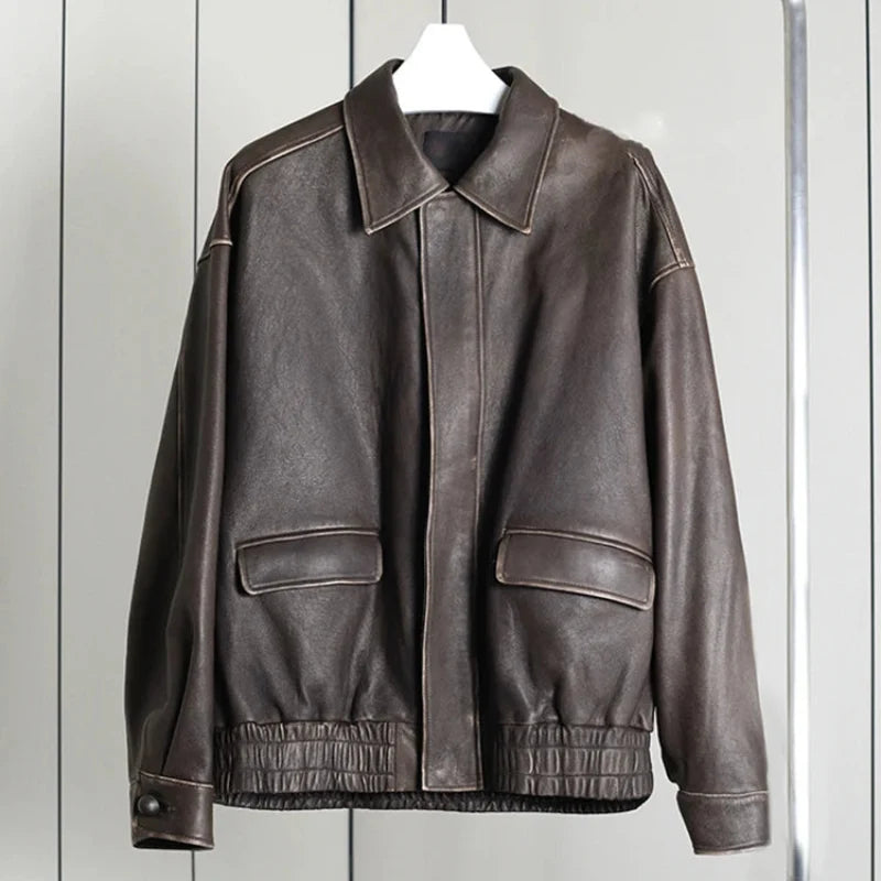 Retro Y2K Oversized Distressed Brown Faux Leather Jacket