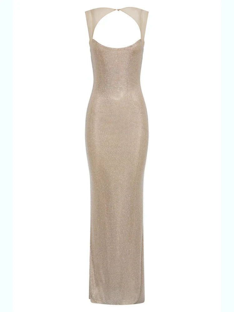 Sexy Y2K Square Collar Mesh Rhinestone Diamond Backless Maxi Dress