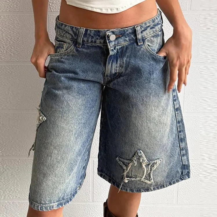 Star Embroidered Y2K Low Rise Washed Jorts