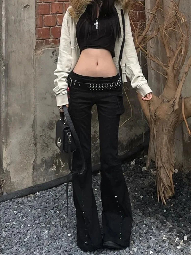 Studded Y2K Gothic Black High Waist Flare Jeans