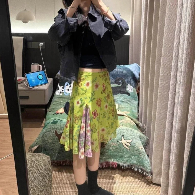 Sweet Green Y2K Vintage High Waist Floral Midi Skirt