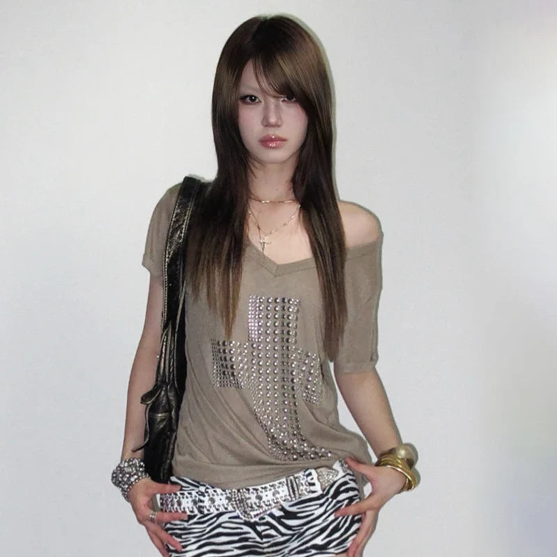 Trashy Grunge Y2K Metal Cross Graphic V Neck T Shirt