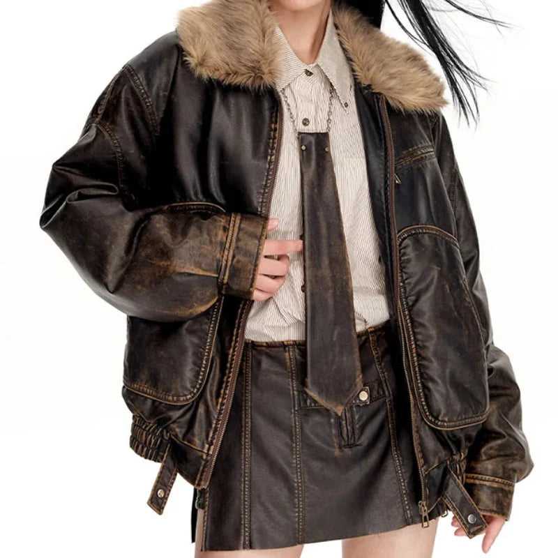 Vintage Distressed Y2K Brown Faux Leather and Fur Jacket