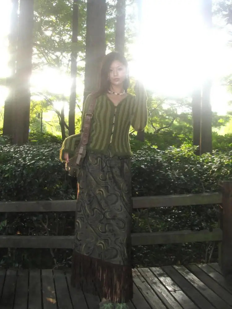 Vintage Y2K Green Striped Crop V Neck Cardigan