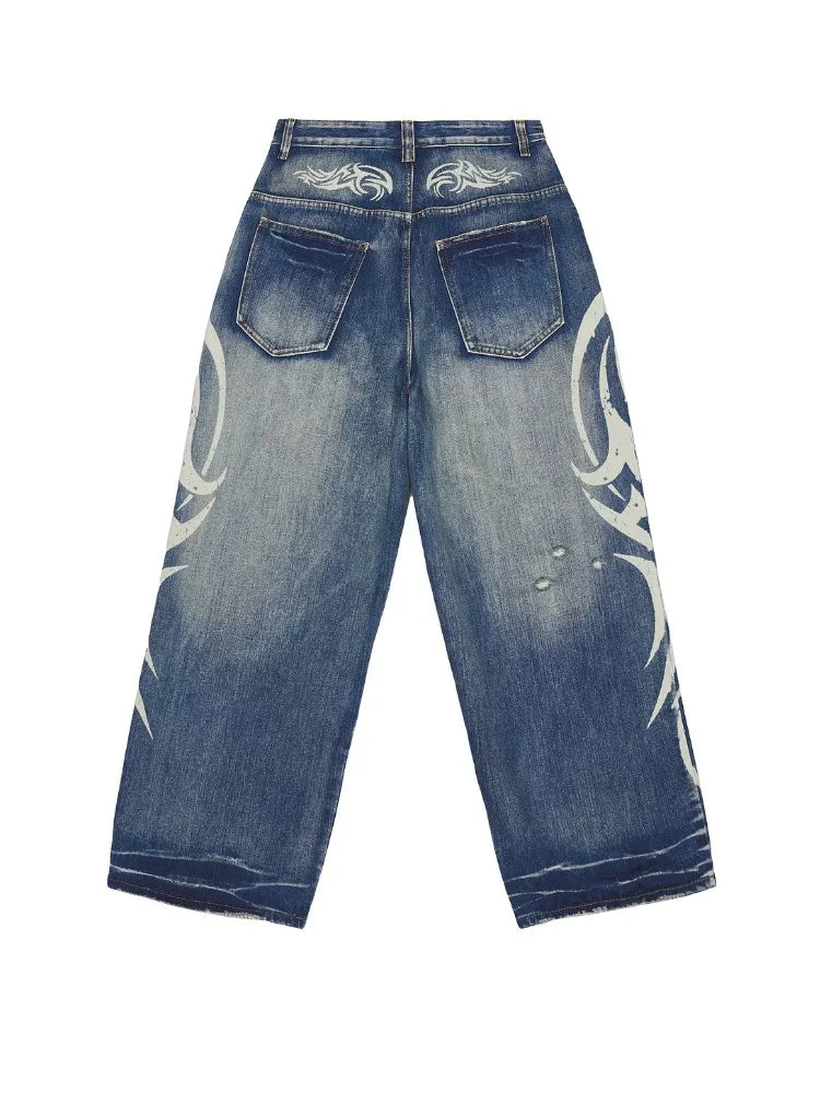 Vintage Y2K Ripped Tribal Graphic Baggy Jeans