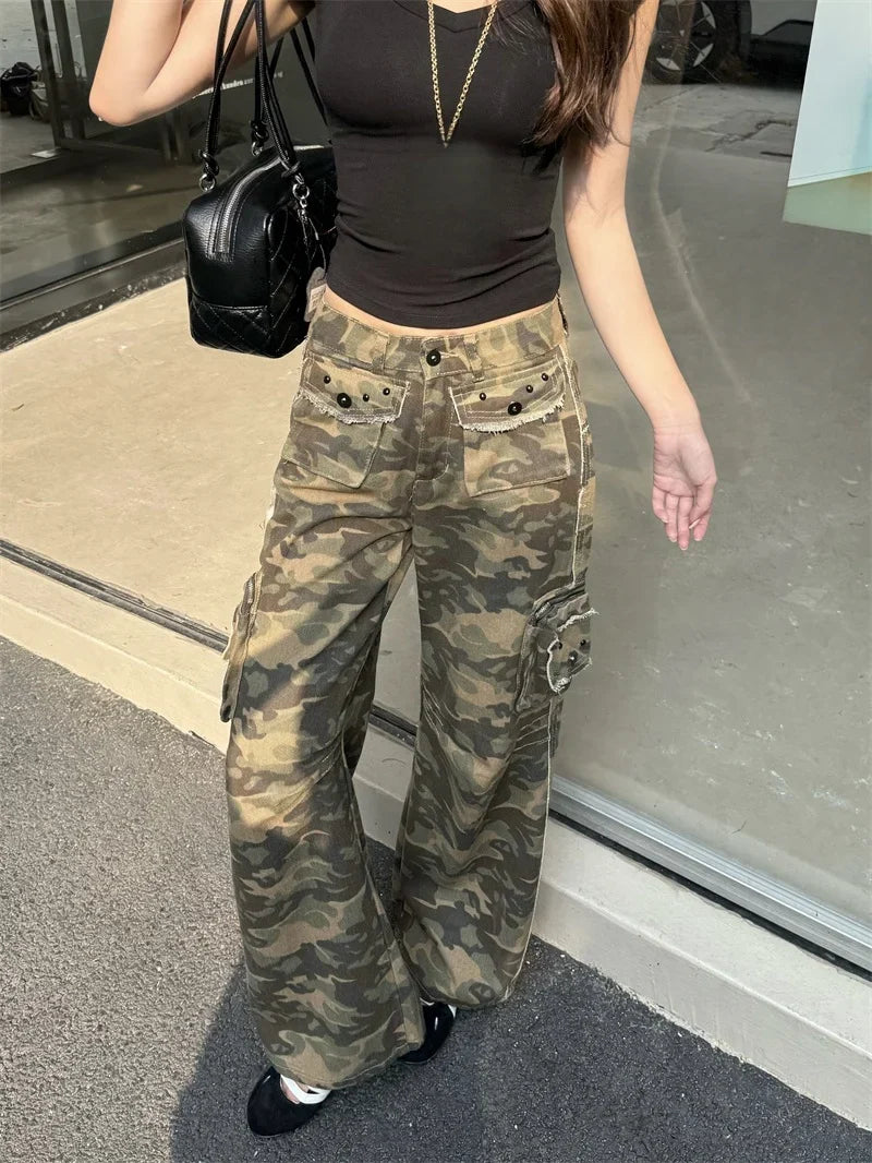 Womens Streetwear Y2K Camouflage Baggy Cargo Jeans