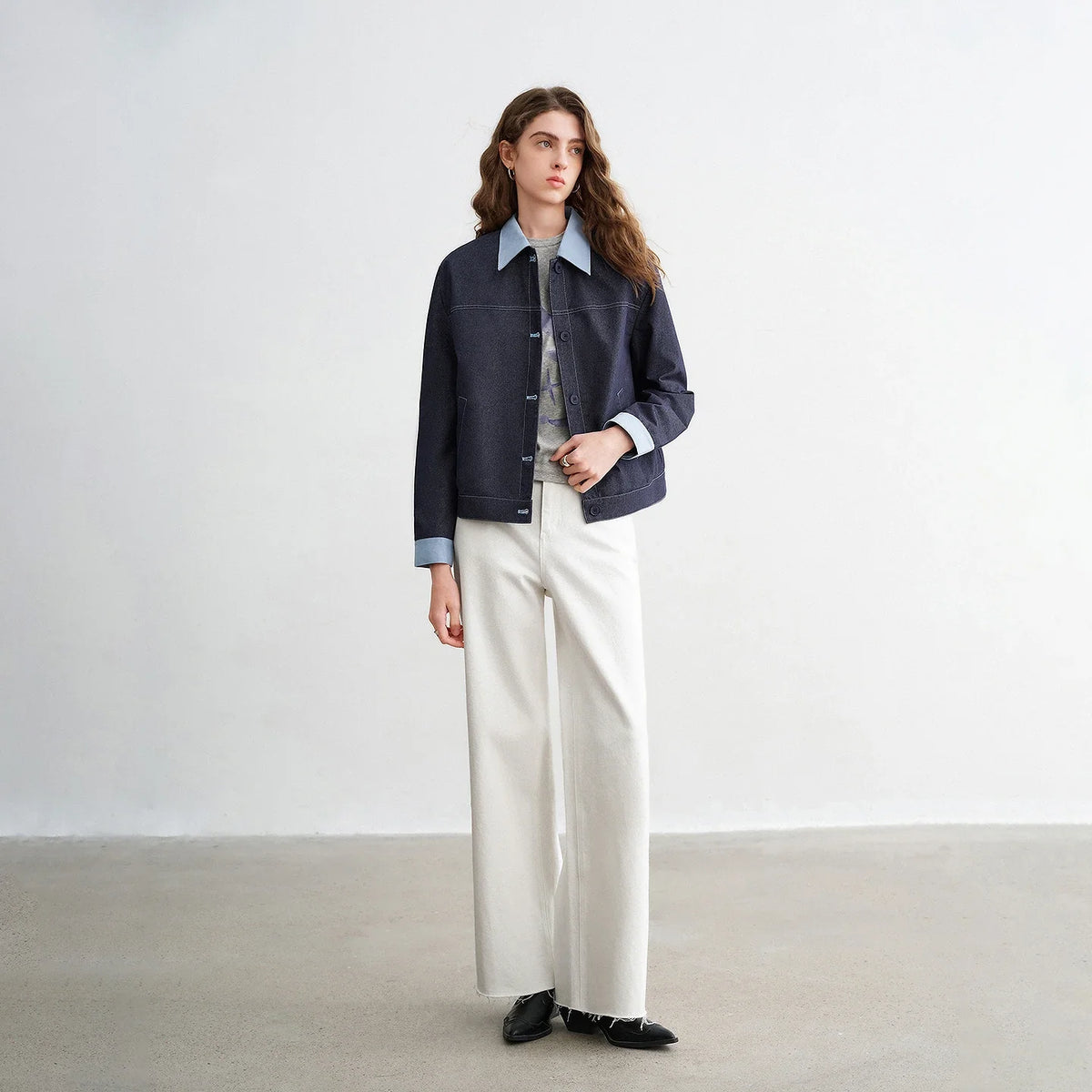 Womens Y2K Contrast Lapel Faux Denim Jacket