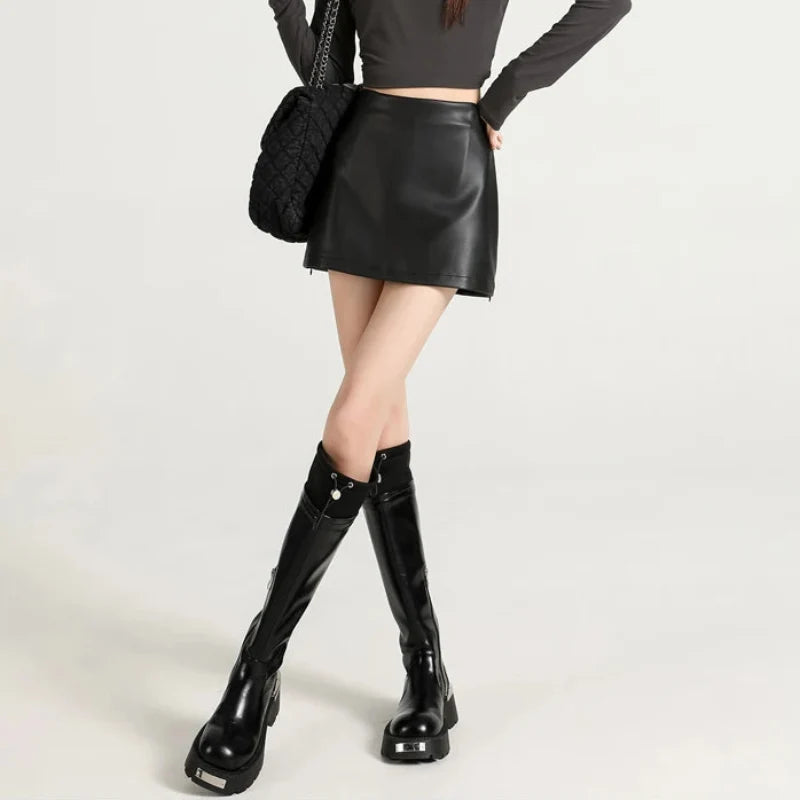 Womens Y2K High Waisted Slit Pu Leather Mini Skirt
