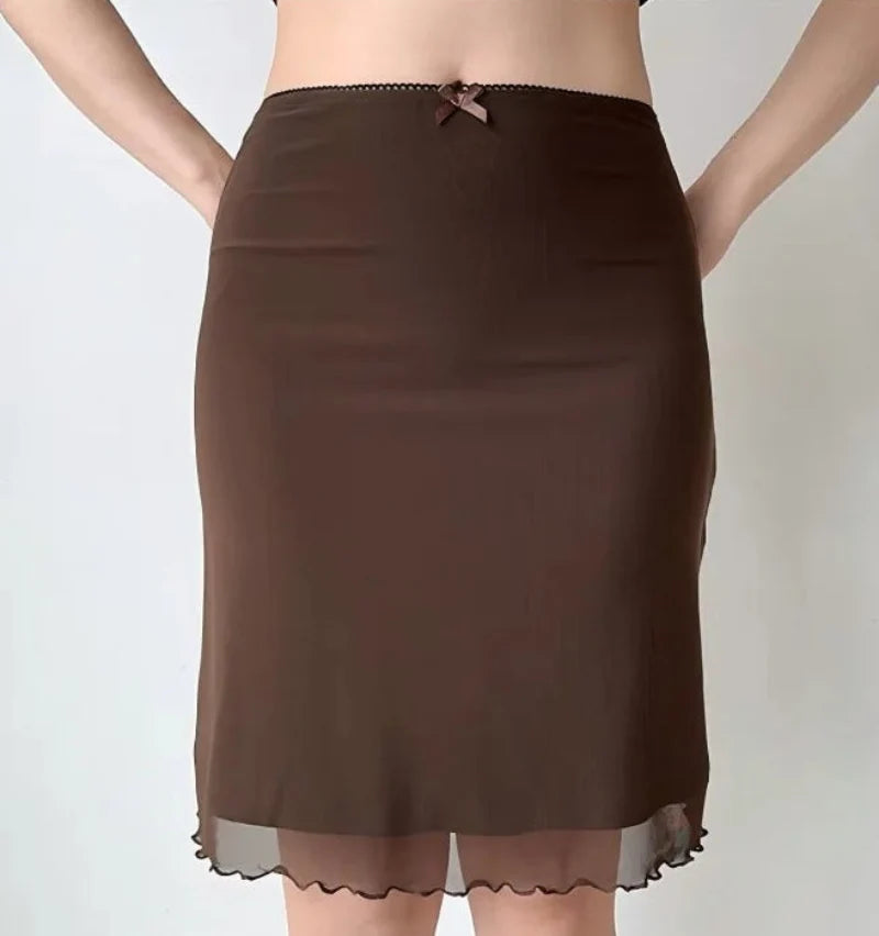 Womens Y2K Lace Mesh Coffee Brown Mini Skirt