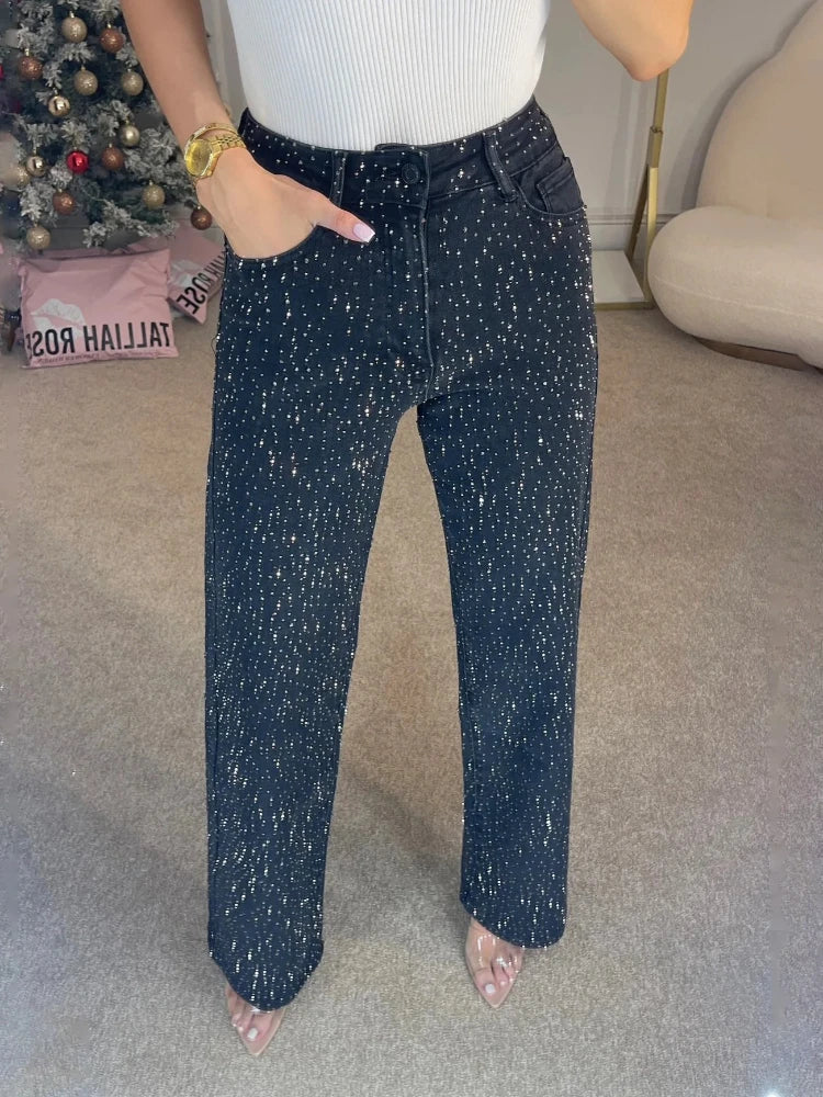 Womens Y2K Rhinestone Straight Jeans