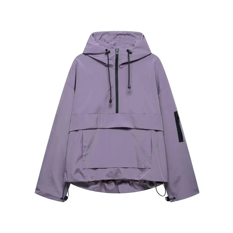 Womens Y2K Solid Hooded Pullover Waterproof Jacket Coat