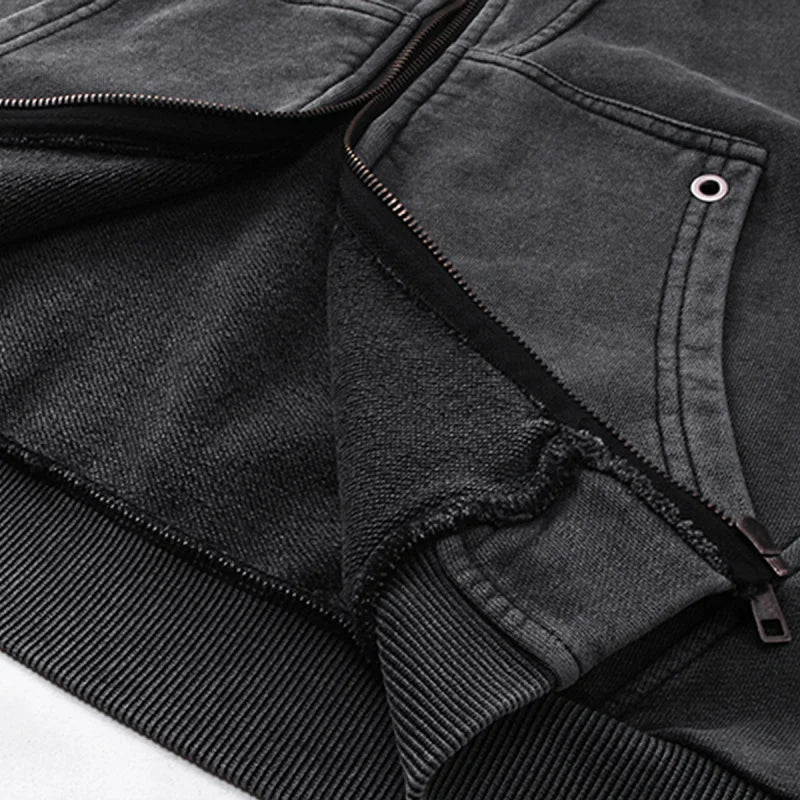 Y2K Acid Washed Panelled Plain Zip Up Hoodie