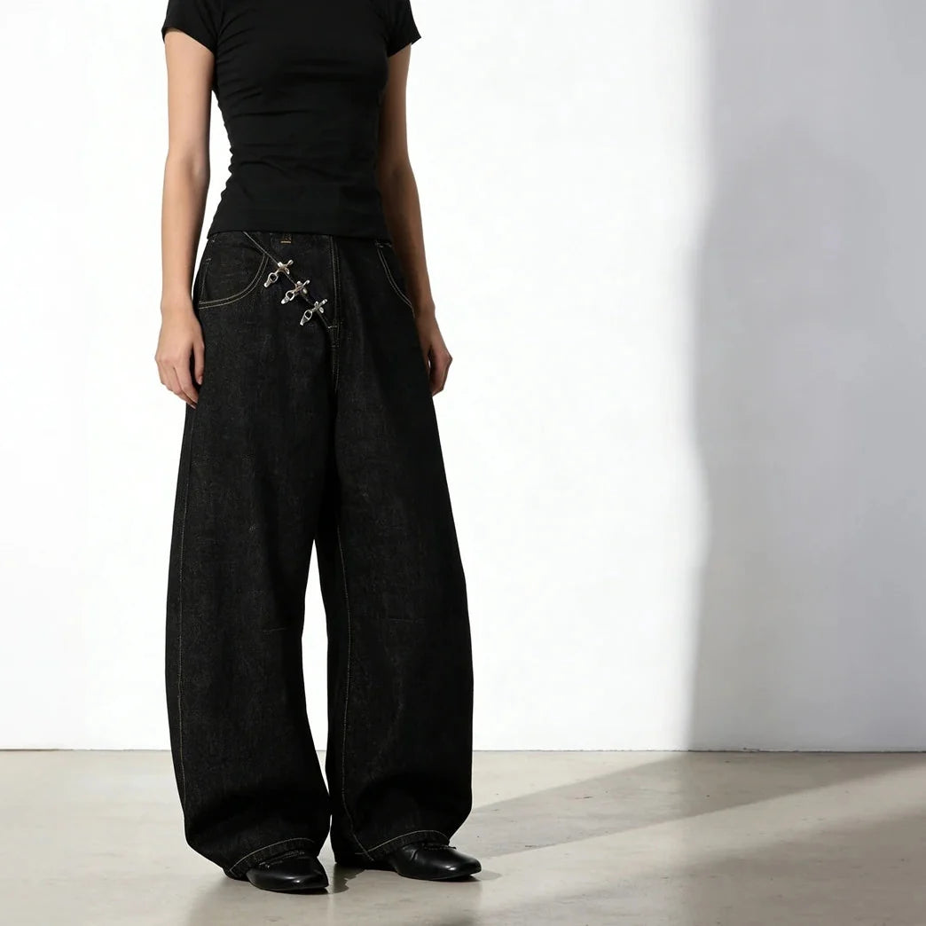 Y2K Airplane Button Design Black Baggy Barrel Jeans