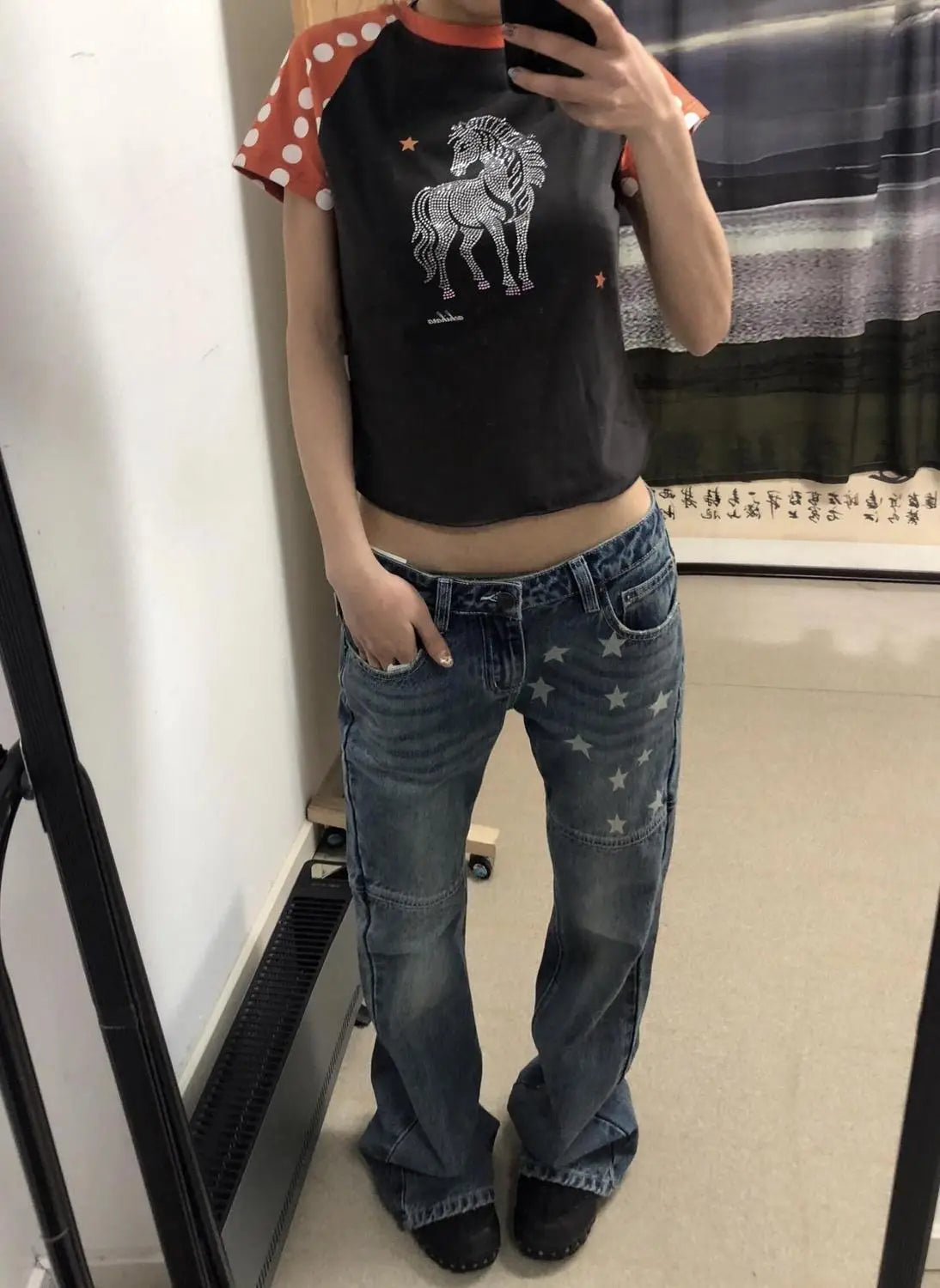 Y2K Baggy Low Rise Print Denim Jeans