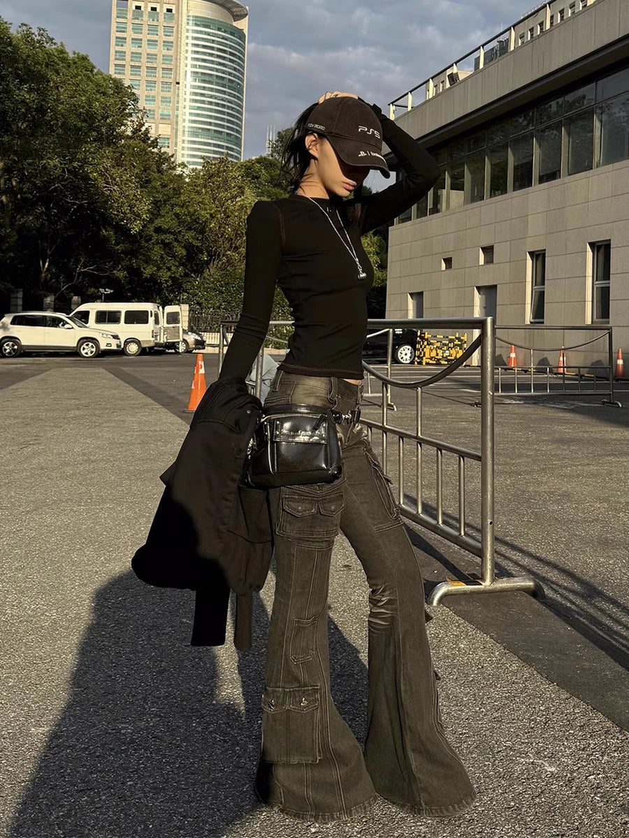 Y2K Black Low Waist Cargo Flared Jeans