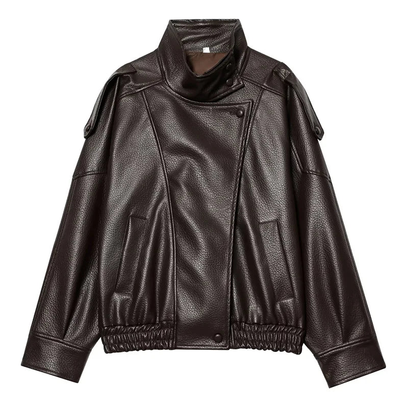 Y2K Black Womens Chef Button Faux Leather Jacket