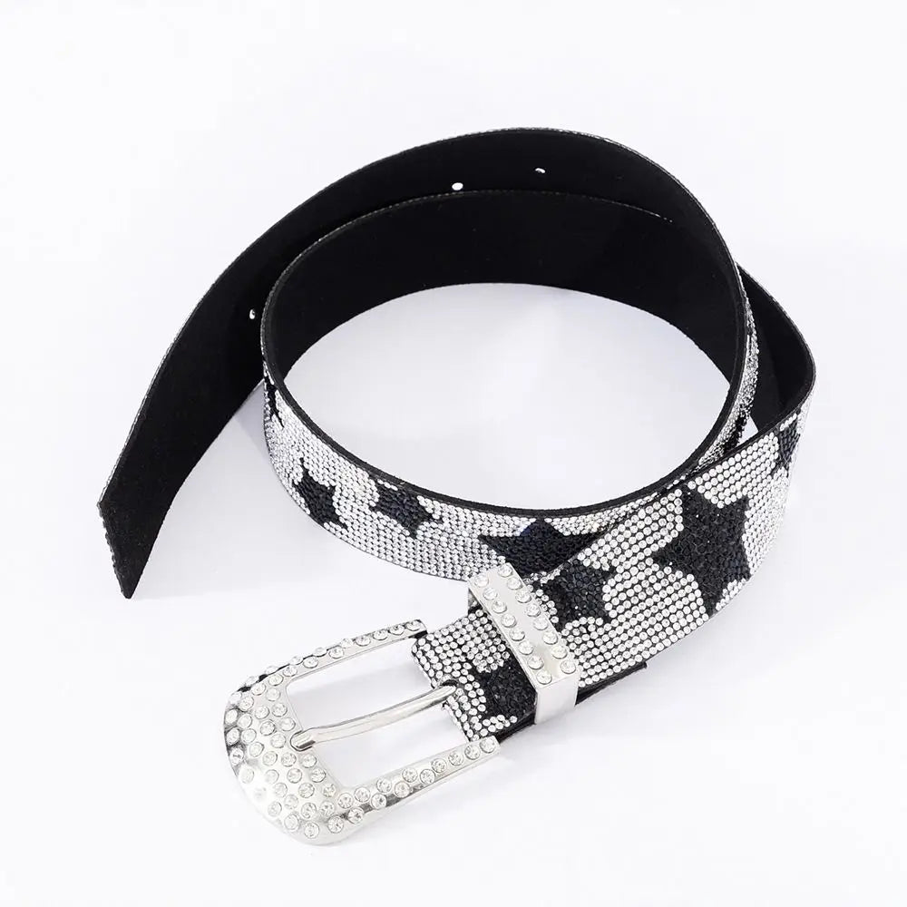 Y2K Bling Bling Star Rhinestone Faux Leather Belt