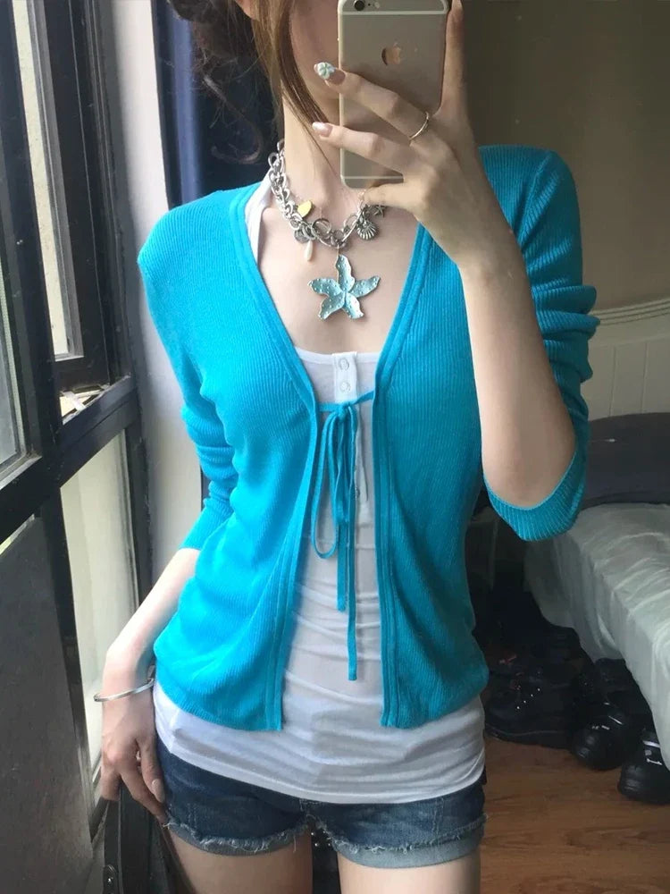 Y2K Blue Lace Up Long Sleeve Cardigan