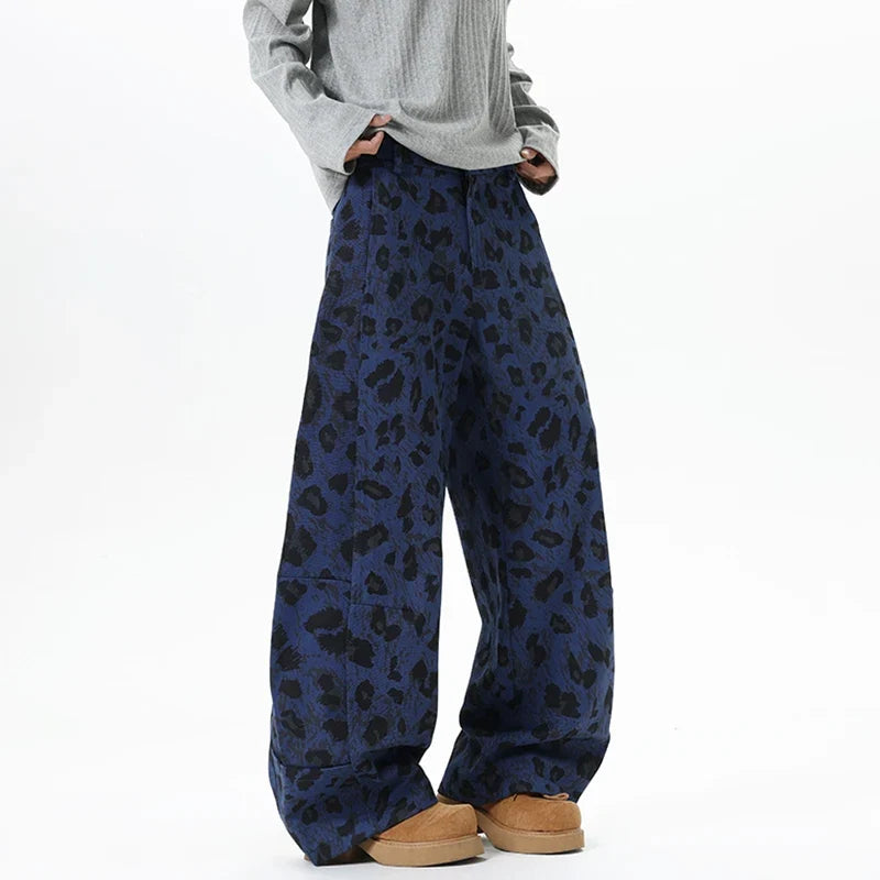 Y2K Blue Leopard Print Wide Leg Barrel Denim Jeans