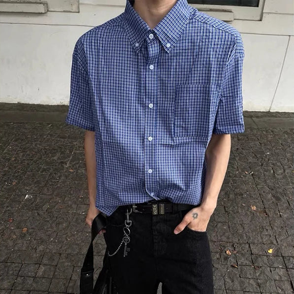 Y2K Blue Plaid Button Down Short Sleeve Shirt