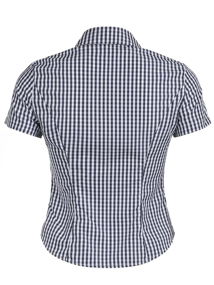 Y2K Blue Plaid Slim Button Up Short Sleeve Blouse Shirt