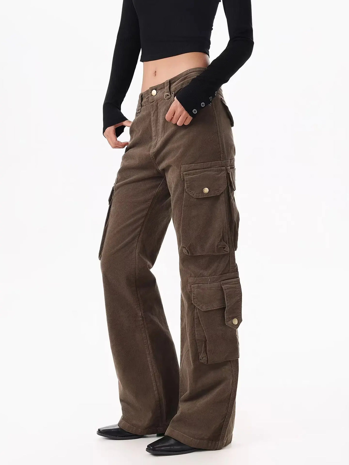 Y2K Brown Spliced High Waist Cargo Flare Jeans