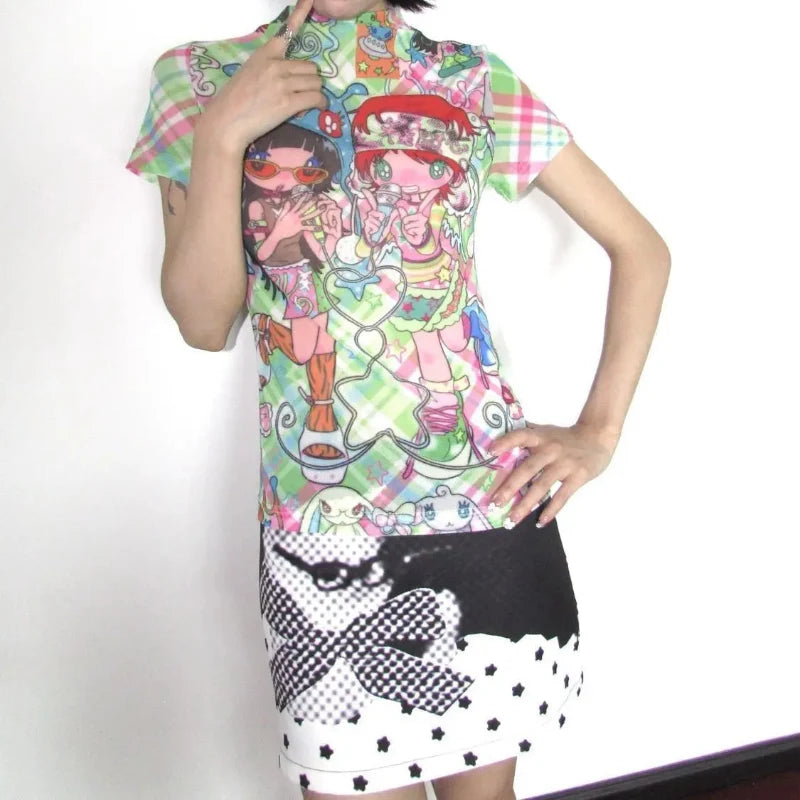 Y2K Cat Print Slim Fit Mini Skirt