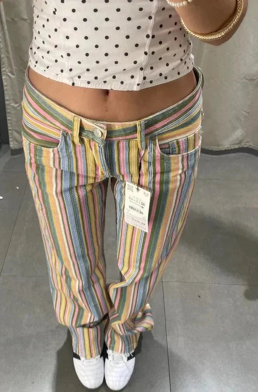 Y2K Contrast Striped Straight Leg Low Waist Jeans