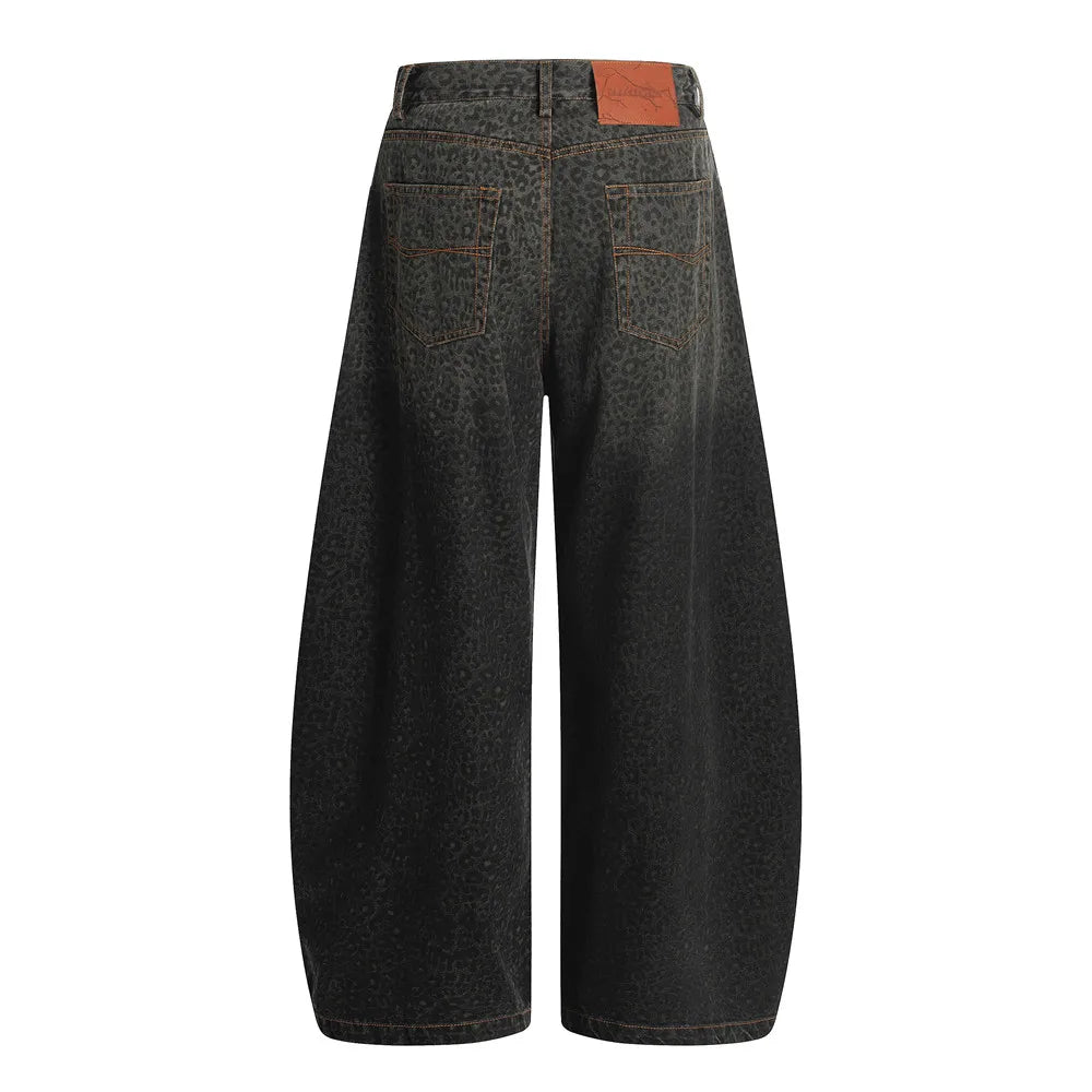 Y2K Dark Leopard Print Baggy Denim Curved Barrel Jeans