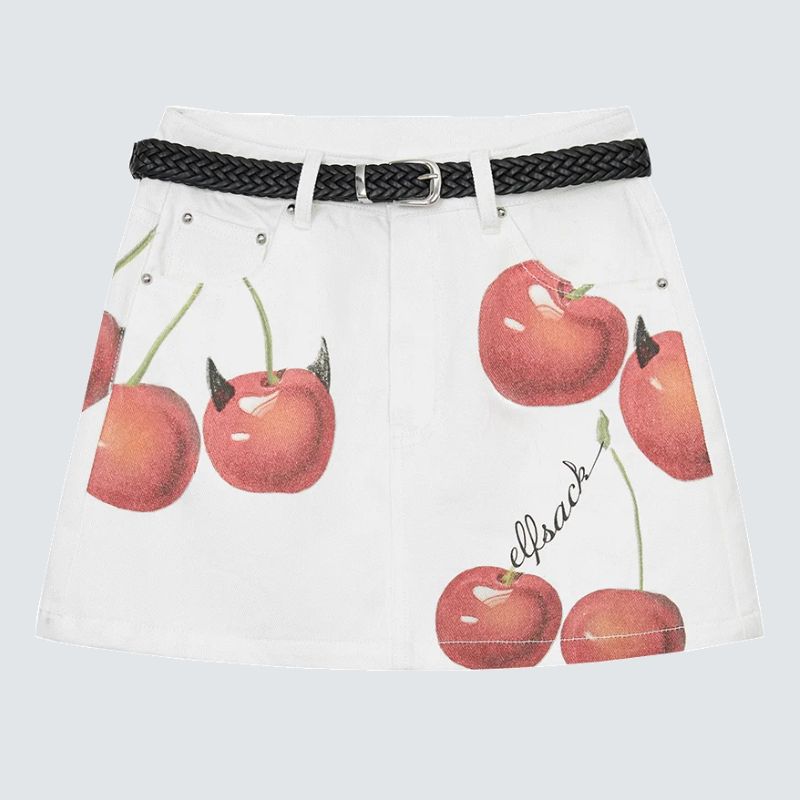 Y2K Devils Cherry Print A Line Denim Mini Skirt