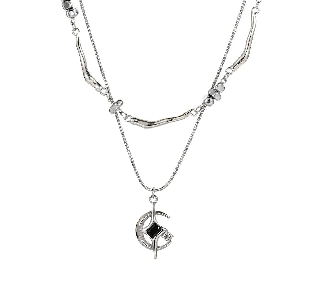Y2K Double Layer Moon And Star Black Pearl Necklace