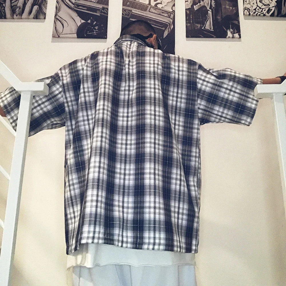 Y2K Embroidered Short Sleeve Plaid Button Down Shirt